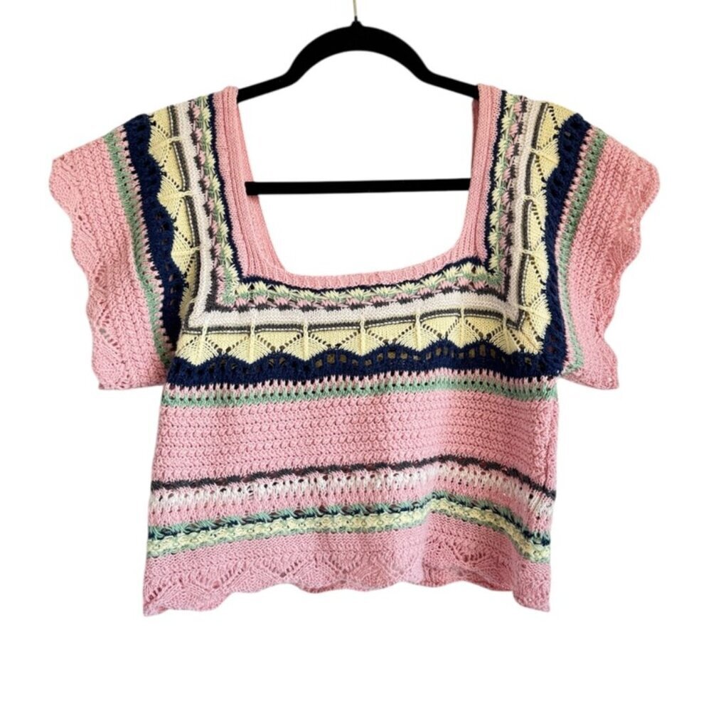 POL Openwork Ethnic Pattern Square Neck Cropped Knit Top Size Small - Picture 2 of 7